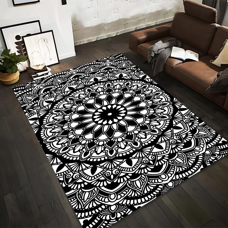 Black and White Mandala Design Rug Non-slip rug suitable for living room and bedroom sofas