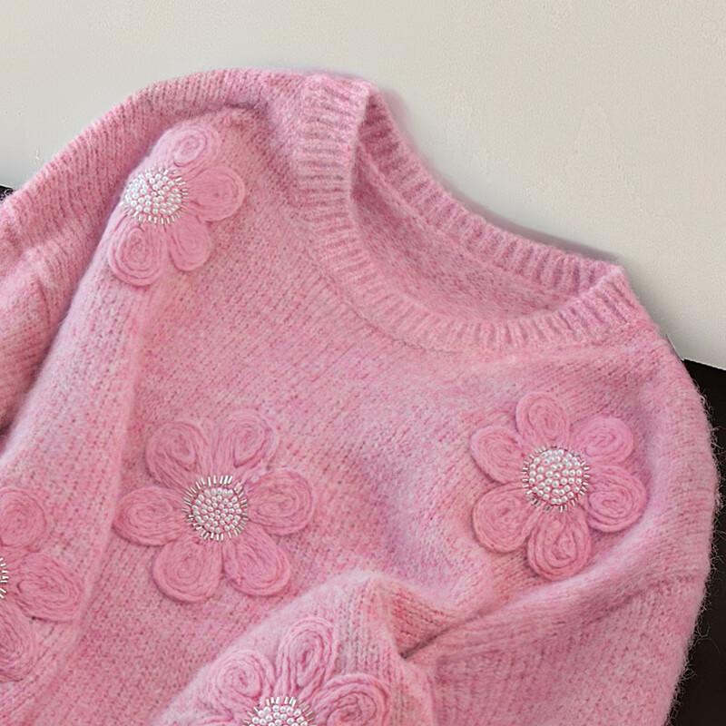 Sibaishai Women's Beaded Floral Crew Neck Sweater