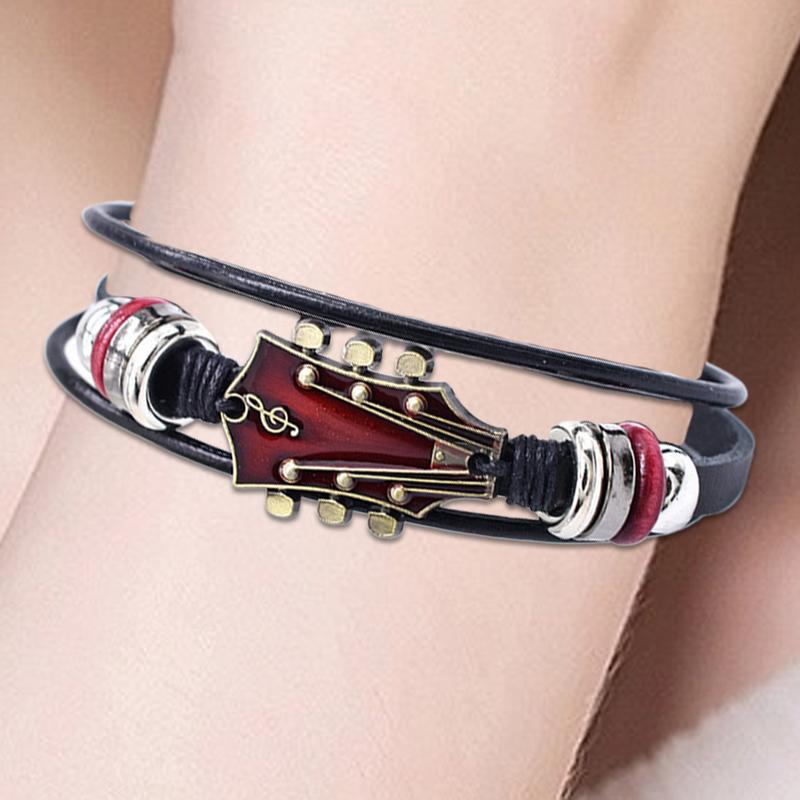 Braided Guitar Bracelet Zinc Alloy Adjustable Buckle Manual Woven Faux Leather 3-layered Retro Punk Wrist Jewelry Gifts