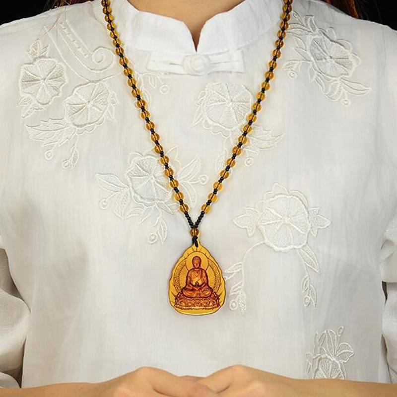 Ice Yellow  Lucky Pendant Long Sweater Necklace Manjushri Amitabha Tibetan Buddhism Religion Amulet Necklaces Unisex Gift