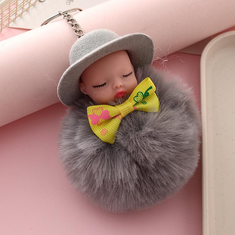 Sleeping Doll Keychain with Hat & Bow, Plush Fur Ball Ornament