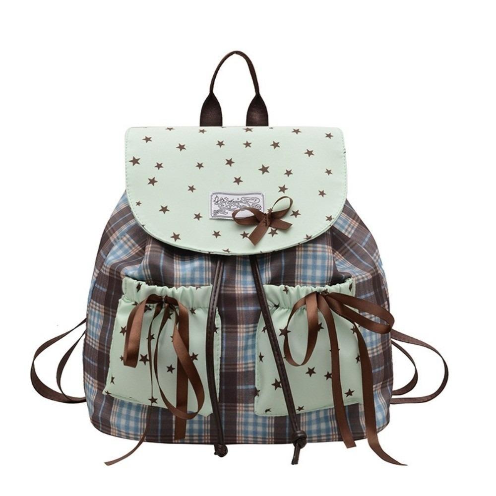 

Plaid Pattern Bow Double Shoulder Bag Star Print Mint Green Small Backpack Girls зелений
