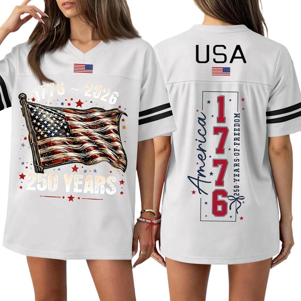 Women's Casual Fashion V-Neck Sports Independence Day Print Short Sleeve Sports T-Shirt Top