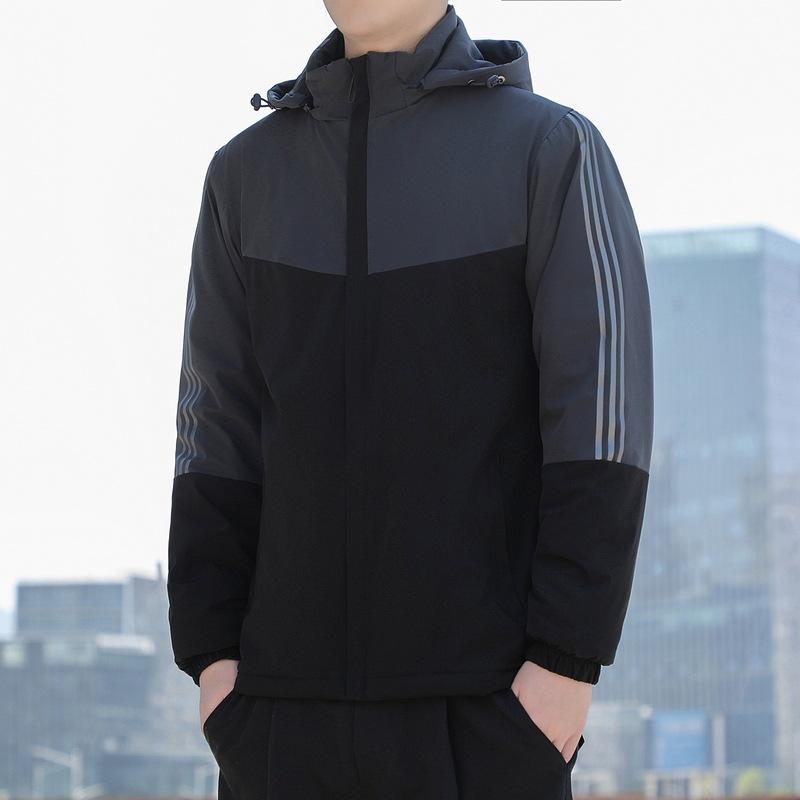 New men's velvet cotton-padded jacket with hooded multi-bag loose large-size youth casual cotton-padded jacket