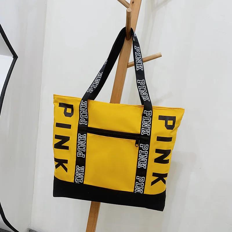 Colorblock Pink Letter Graphic Tote Handbags Woman Shoulder Bags Casual Sports Fitness Tote Bag Women Handbag Nylon Fabric