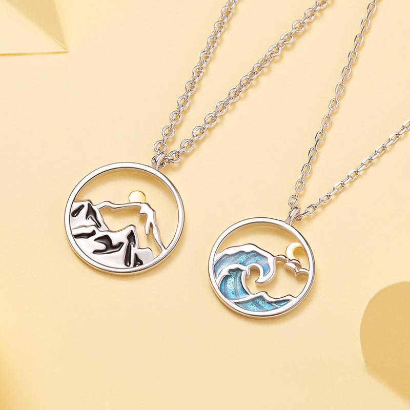Couple BFF Necklaces Matching Set for 2, Mountain and Sea, Sun and Moon Pendant, Gift for Couples Best Friend Friendship Jewelry
