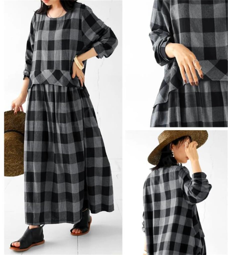 Maxi Checkered Long Loose Midi Long Maxi Winter One Size Fits [Mouhoukyo] Women's Dress, Pattern, Sleeves, Fit, Length, Length, Spring, Autumn, (Color