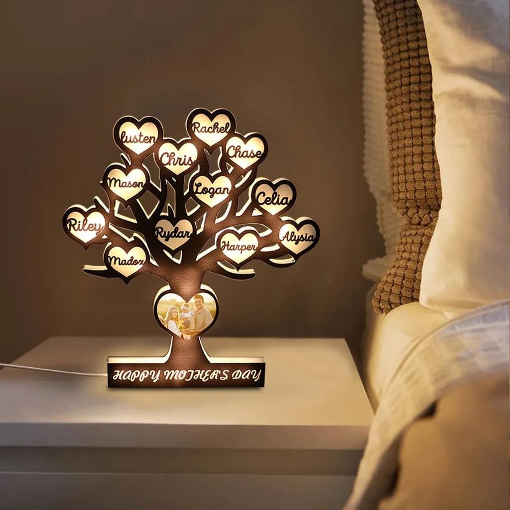 Personalized Photo Family Tree Acrylic Lights Custom 1-12 Child's Names Tree of Life Night Light Mom LED Lamp Mothers Day Room Decor Gift for Mom