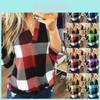Stylish S-5xl Women's Long Sleeve Plaid T-shirt Blouse With V-neck Design