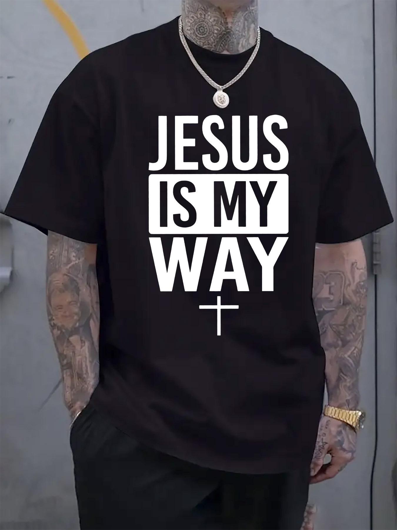 

Christian Faith Slogan T-shirt - Jesus Is My Way Bold Print Black Casual Short Sleeve Tee XXXL