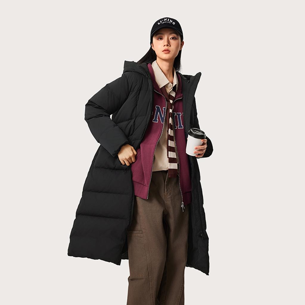 Li Ning Sports Trend Series Solid Color Cold Resistant Warm Outdoor Long Down Jacket Women Outerwear Black AYMU044-3