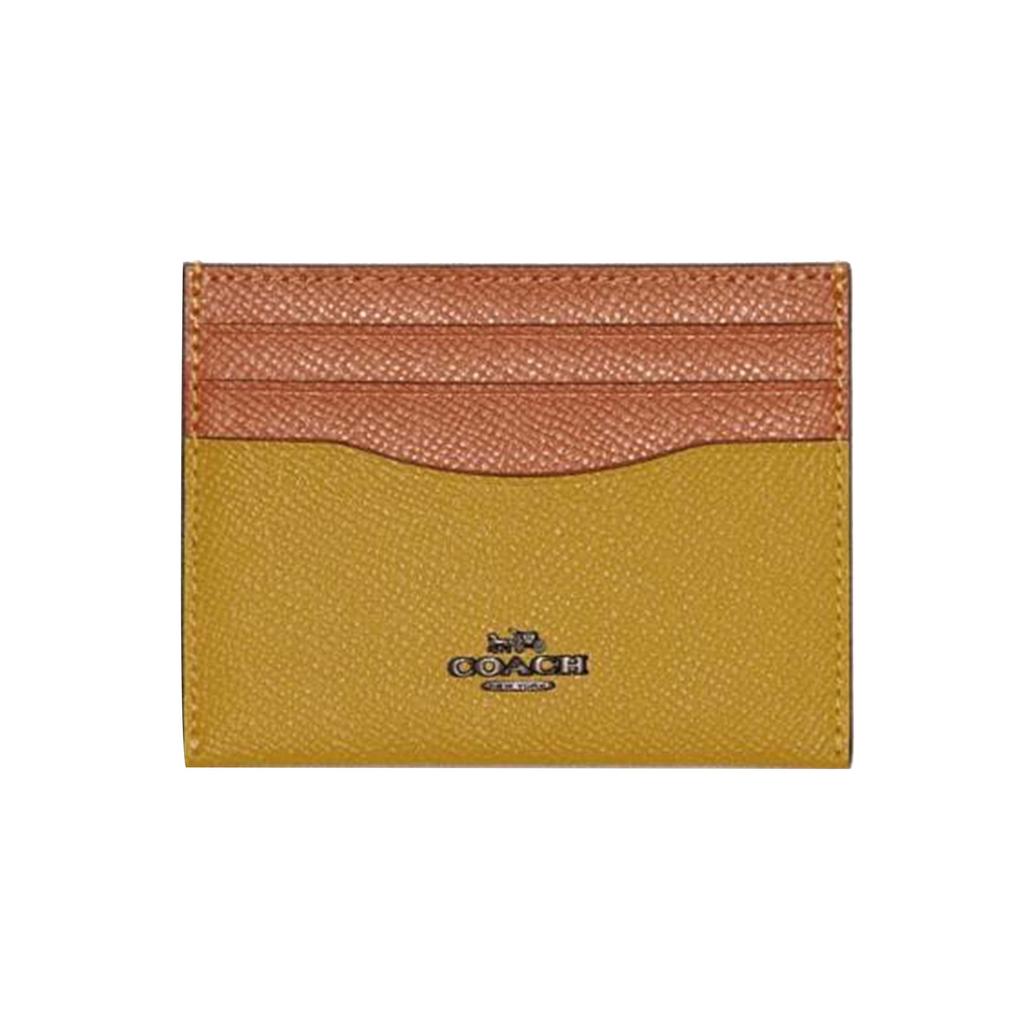 Coach Card Case With 10 Slots Open Pocket Crosshatch Leather Wallet Women Wallet Brown Linen-Yellow 12070-V5RQD
