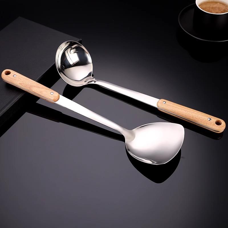 Stainless Steel Spatula with Thick Solid Wood Handle Household Cooking Spatula Soup Spoon Soup Spatula and Kitchenware