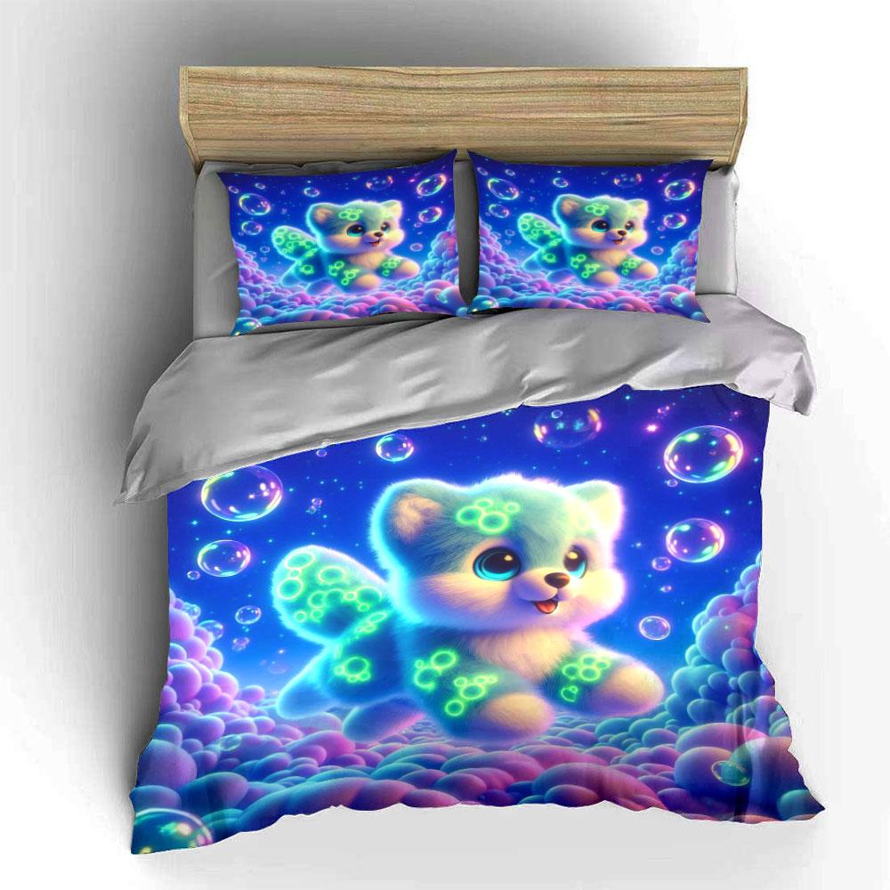 Dreamy Glowing Pup With Bubbles Duvet Cover Set With 3D Printing Design Soft Polyester Bedding Set All-Season Comfort For Gifts