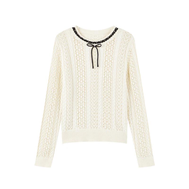 Qiusi Yiren Perlenbesetztes Schleifenmuster Hohlstrickoberteil