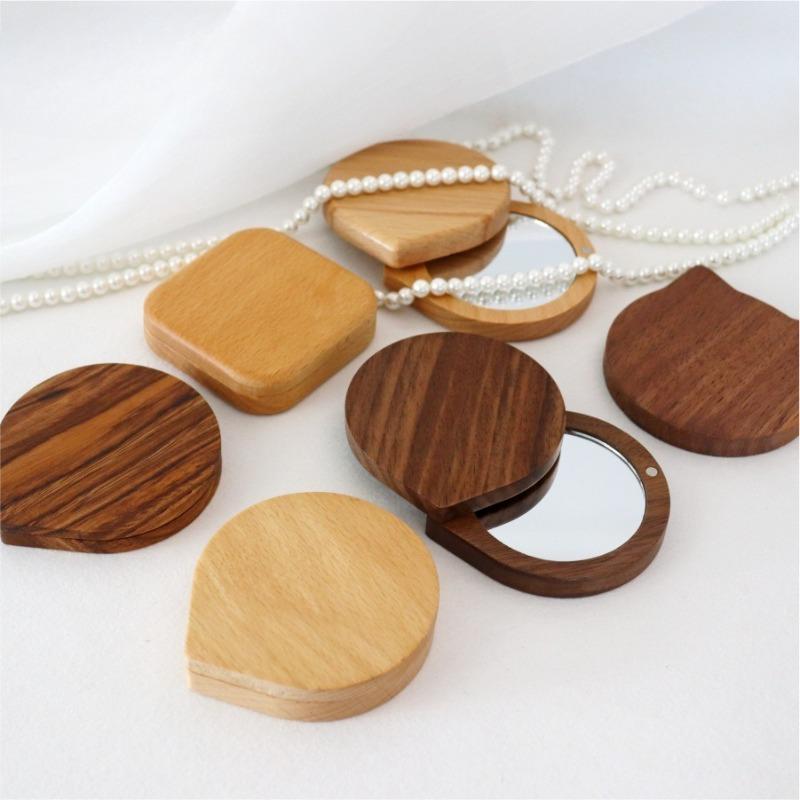Mini Black Walnut Wood Makeup Mirror Foldable Rotatable Rotating Cosmetic Mirror Magnetic Closure Handheld Compact Pocket Mirror