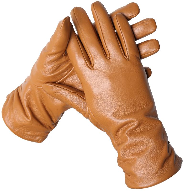 Yellow Brown Leather Gloves Good Quality Sheepskin Winter Gloves for Women 2227