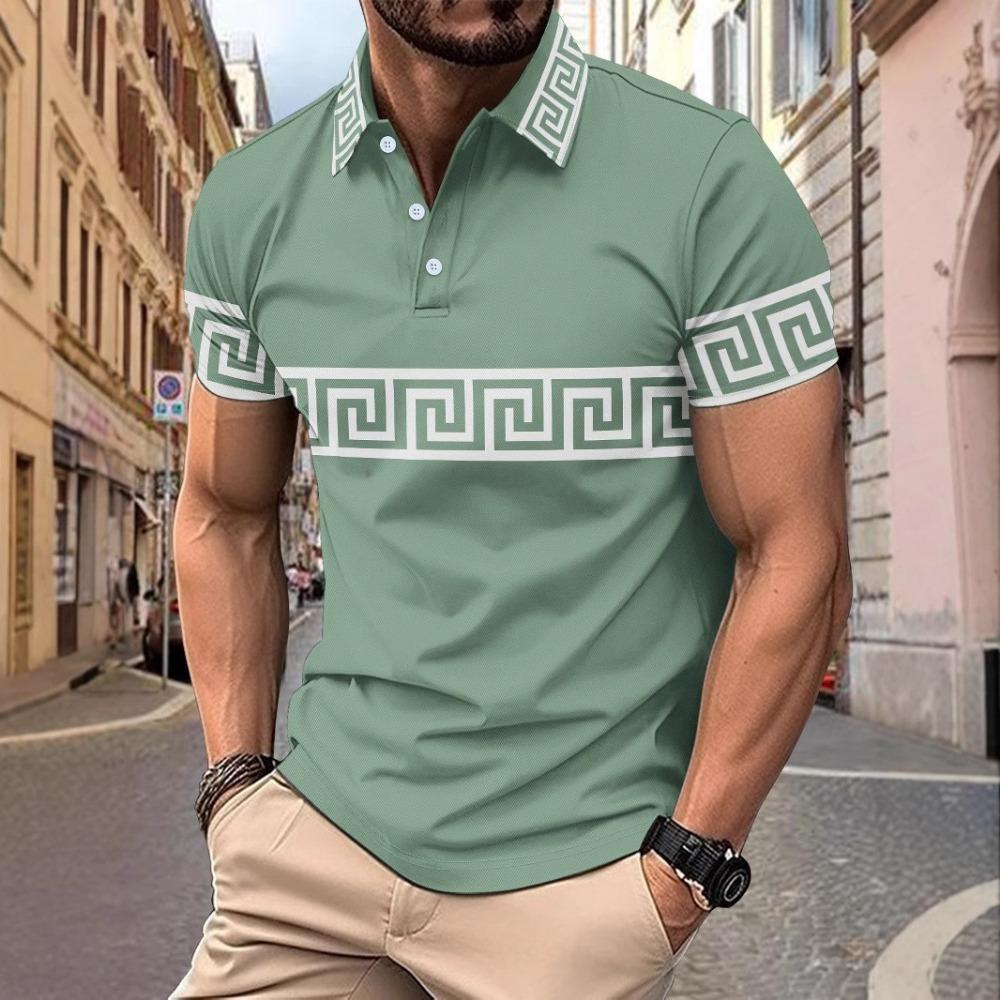 

Spring and Summer Short Sleeved Polo Shirt Casual Men s Printed Striped Polo Shirt 3XL зелений