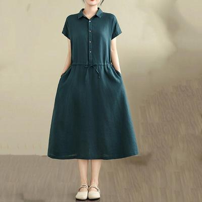 Short Sleeve Plus Size Cotton Linen Vintage New In Dresses for Women Casual Loose Long Summer Shirt Dress