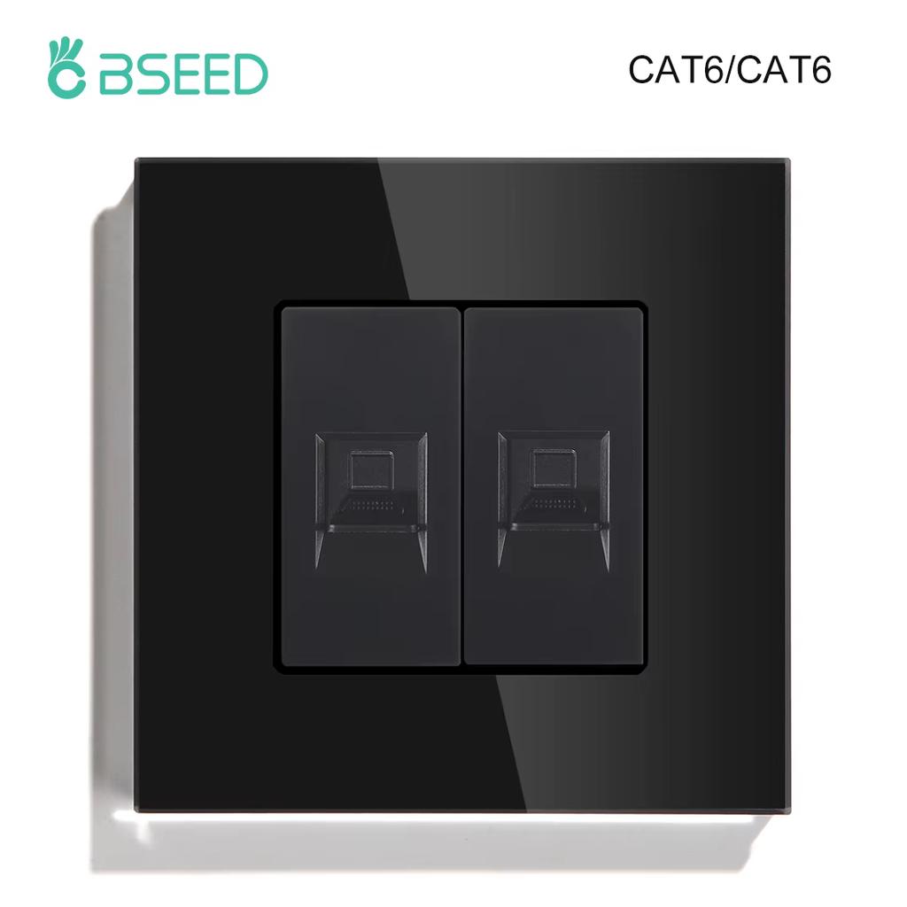 BSEED Dual Internet Sockets CAT6 Wall Socket EU Power Sockets Plus Network PC Data Computer Connecter Outlets Glass Panel
