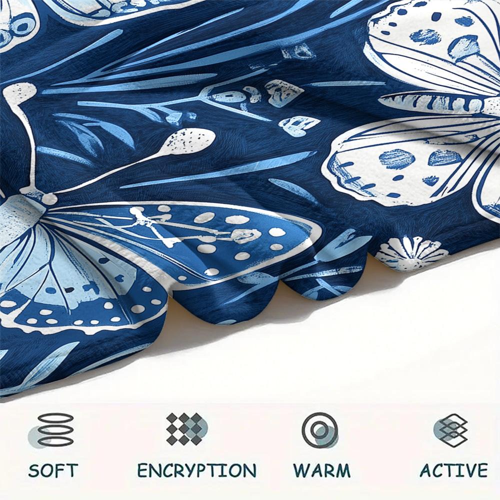 Blue and White Butterflies Print Flannel Blanket, High quality Comfortable for All Seasons, Home Decor, Warmth and Comfort