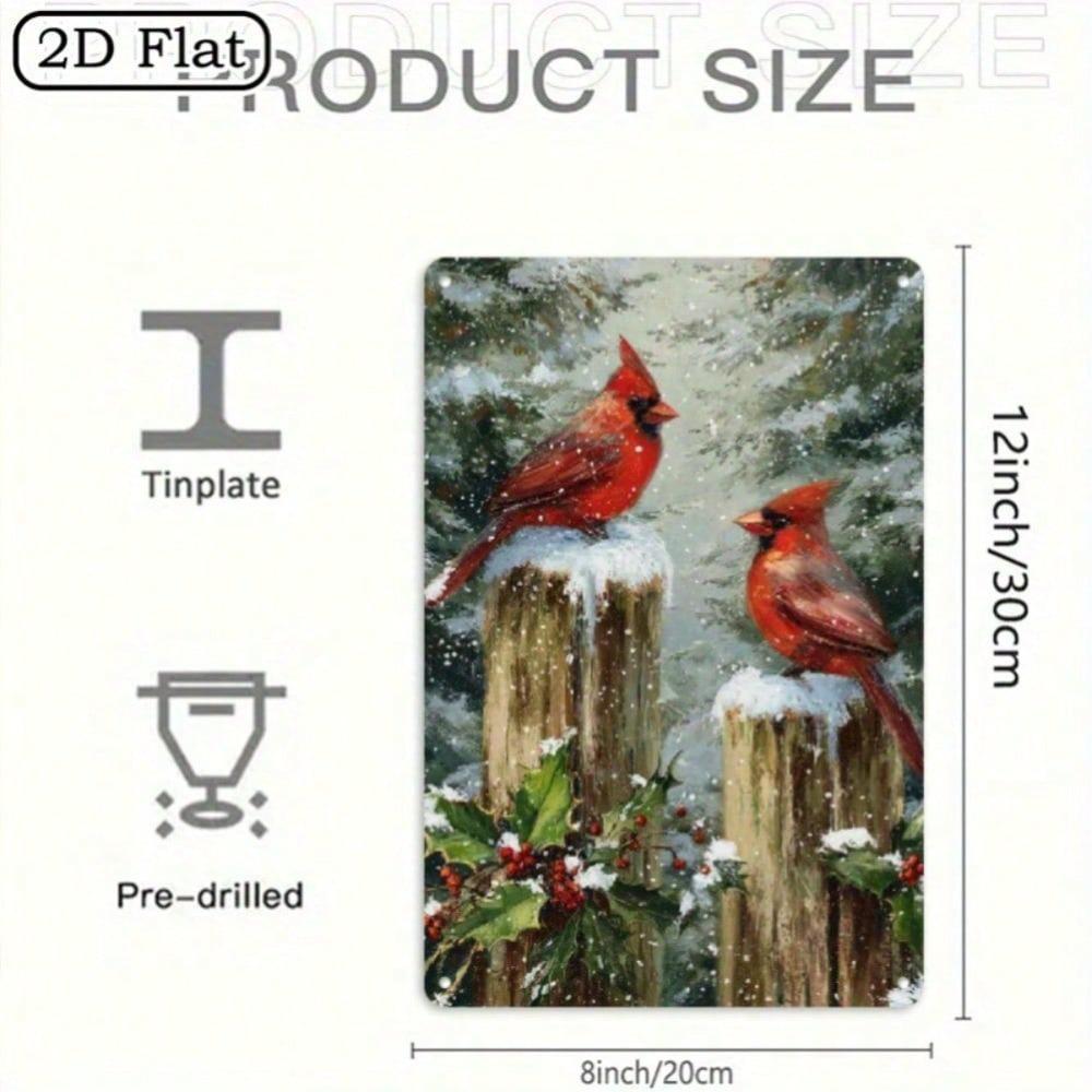 Vintage Metal Tin Sign, 12x8 Inch Cardinal Bird Winter Scene, Rustic Farmhouse Wall Decor for Christmas, Indoor Outdoor Holiday Gift