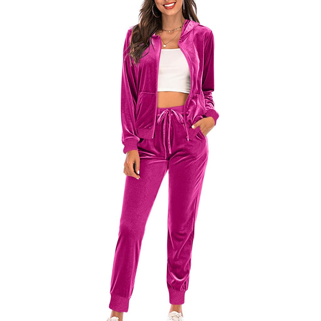 Set de 2 piese casual la modă pentru femei, cu mânecă lungă - Set de culori: Costum cu glugă și buzunare, croială slim