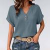 Women's V-Neck Short Sleeve Button Front Crinkle Fabric T-Shirt with Rolled Hem