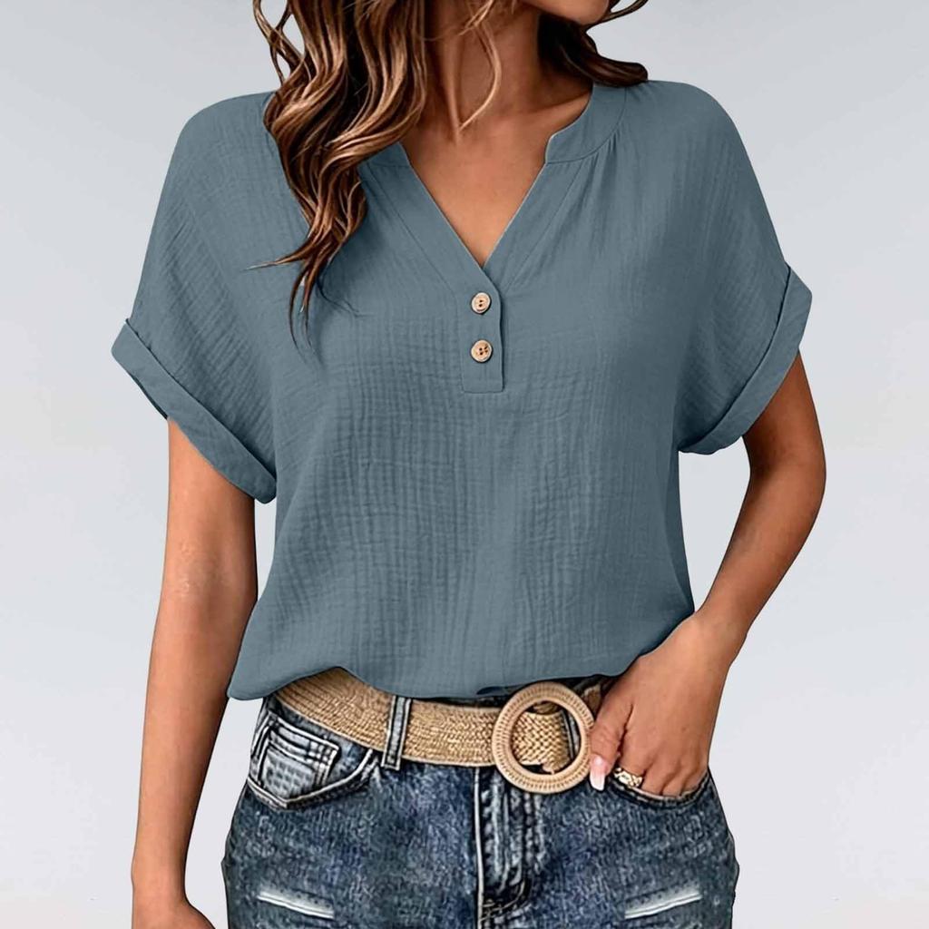 Women's V-Neck Short Sleeve Button Front Crinkle Fabric T-Shirt with Rolled Hem