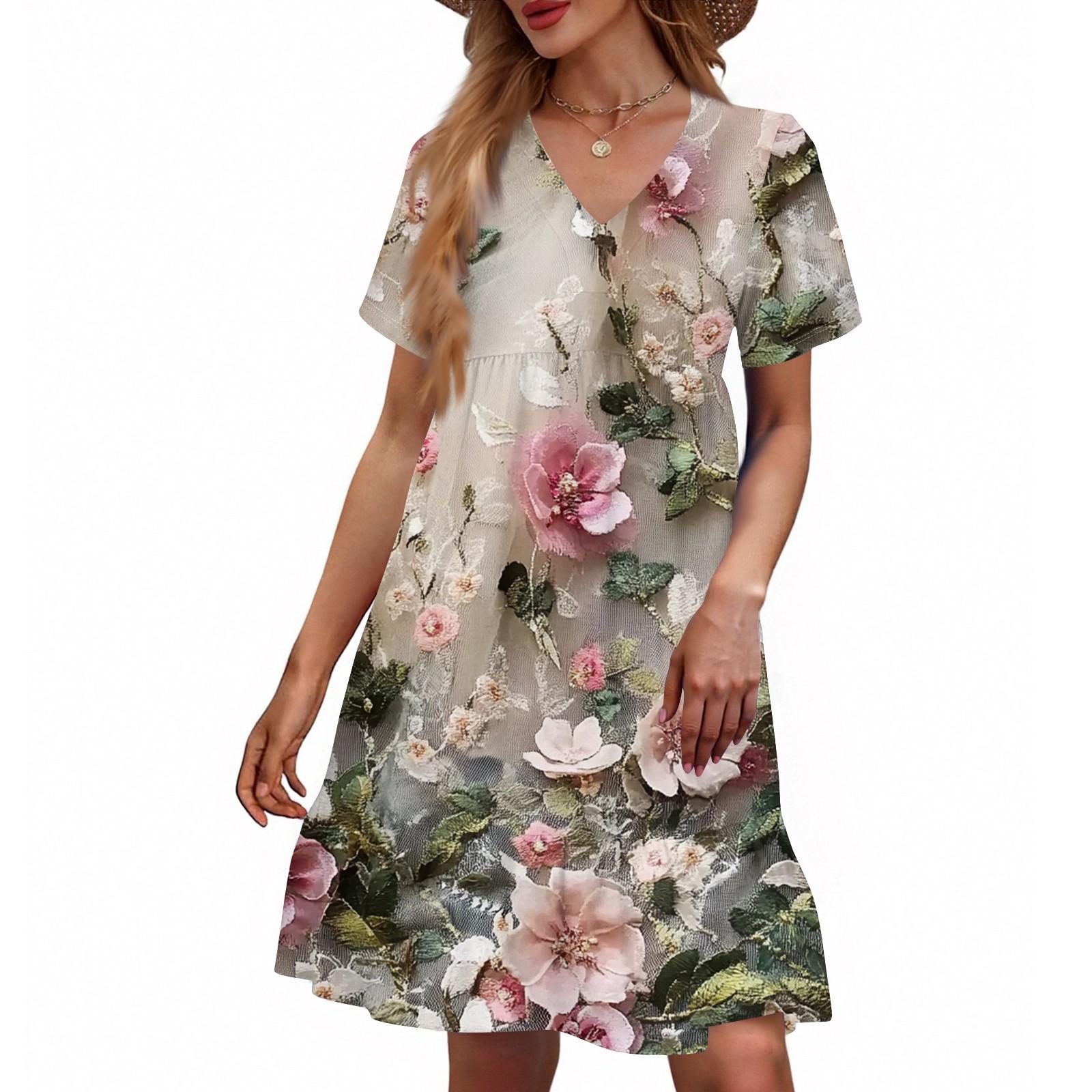 Women s Casual Fashion V-Neck Short Sleeve Floral Print Dress L