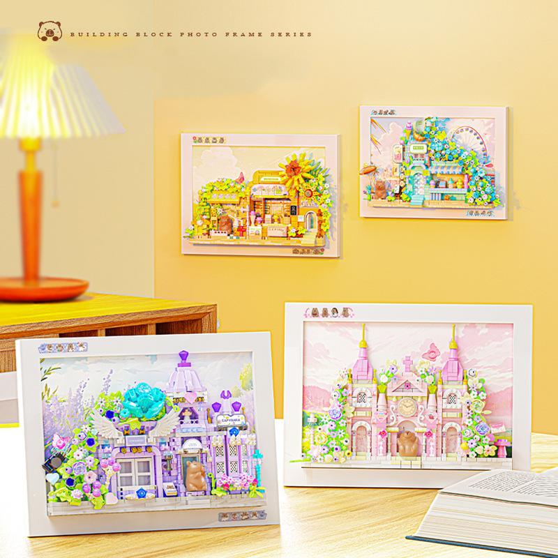 Magnetic Photo Frame Building Blocks Capybara Wedding Shop Church Figure Model Assembled Mini Brick Toys For Kids Santa Gift