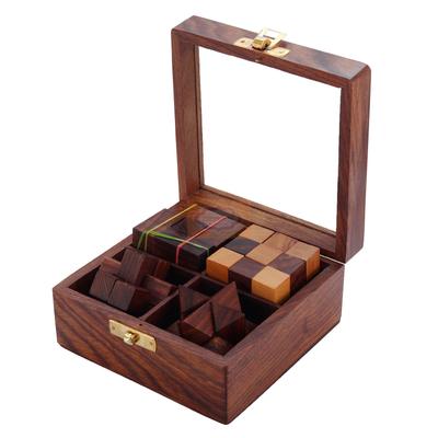 Shriji Crafts 4-in-1 Wooden Puzzle Games Set 3D Puzzles Premium Brain Teaser Elegant Decoration Playing with Transparent Lid