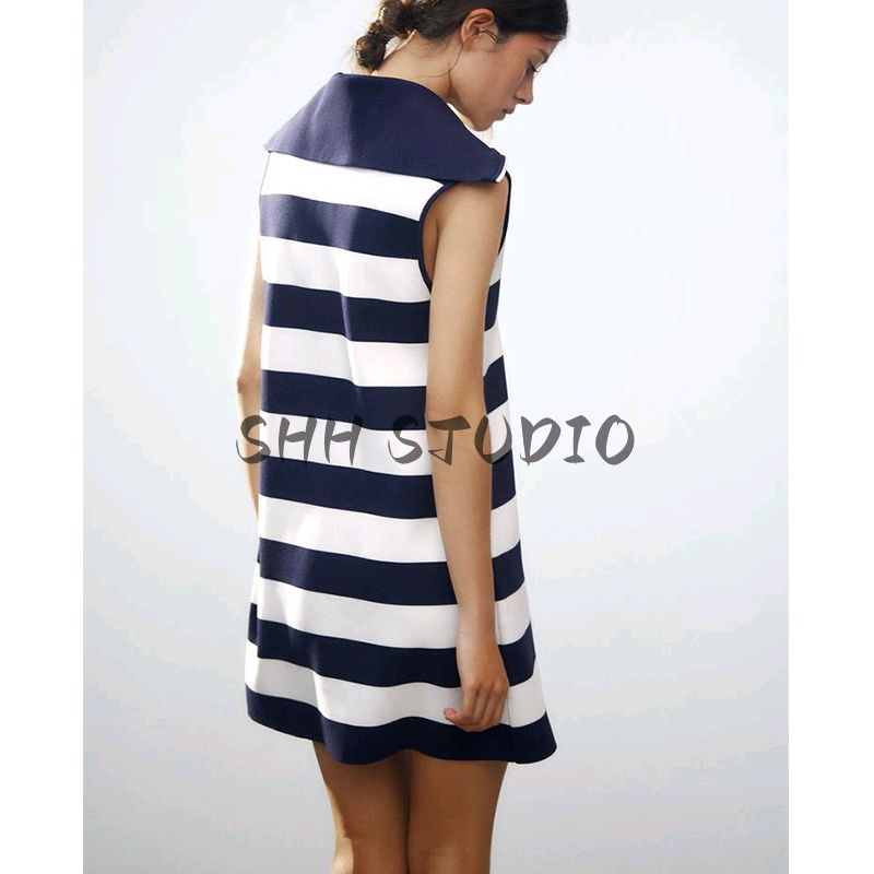 Spring and Summer New Women's Clothing Minimalist Wind Zipper Ornament Stripes Knitting Sleeveless Lapel Short Dress 9598081