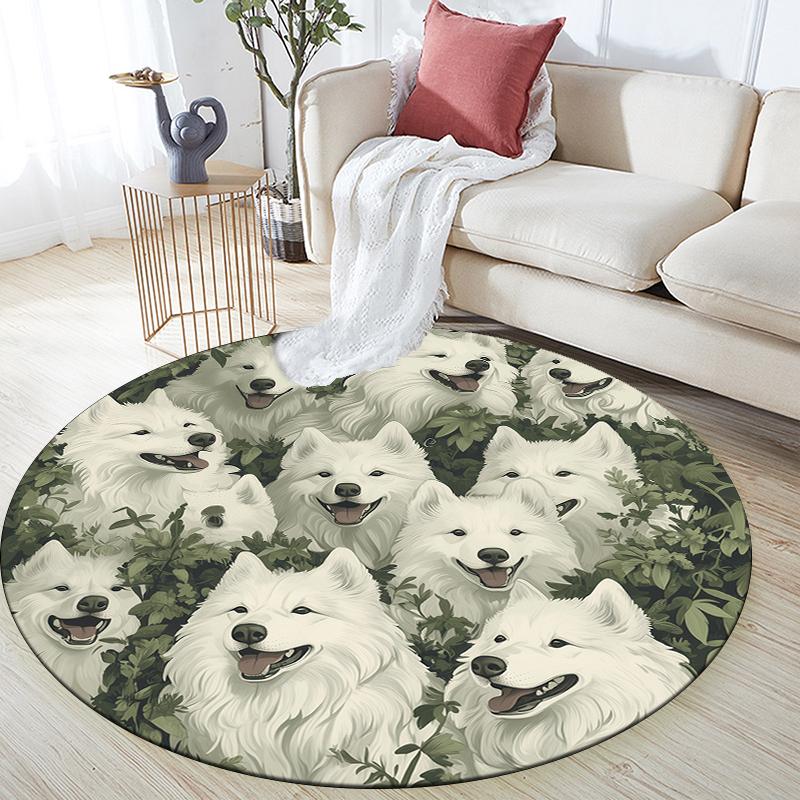 

Samoyed and Plants pattern round rug,Carpet Rug for Living Room Bedroom Playroom ,Non-slip Floor Mat,Holiday Gifts and Birthday Gifts. 80cmx80cm