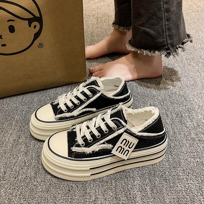 

Баотоу кеды женские летние для улицы студенческие универсальные парусиновые туфли без каблука ленивые кеды платформа инс нищий 40 чёрный