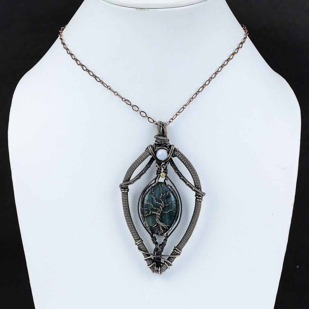 Tree Of Life Labradorite Pendant Copper Wire Wrapped Pendant Rainbow Moonstone Copper Jewelry Gemstone Pendant Handmade Jewelry Gift For Her