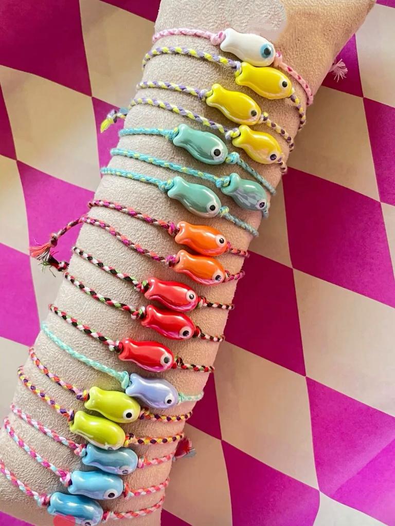 Vlen Adjustable Summer Beach Bracelet Ceramic Fish Charm Boho Style Colorful Rope Braided Handmade Jewelry Gift for Women
