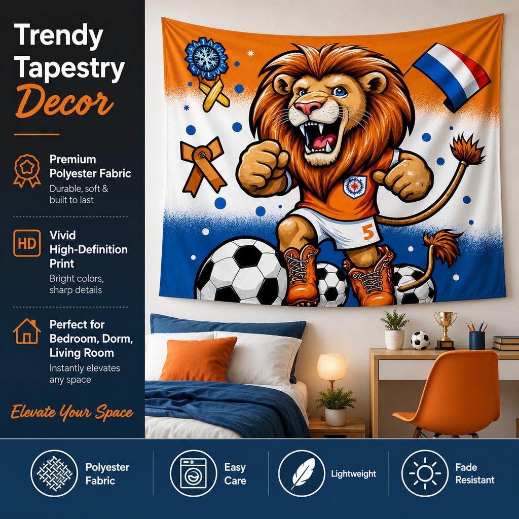 Flat Print Netherlands Flag Soccer Tapestry World Championship Cartoon Lion Mascot Wall Hanging For Sports Fan Gift