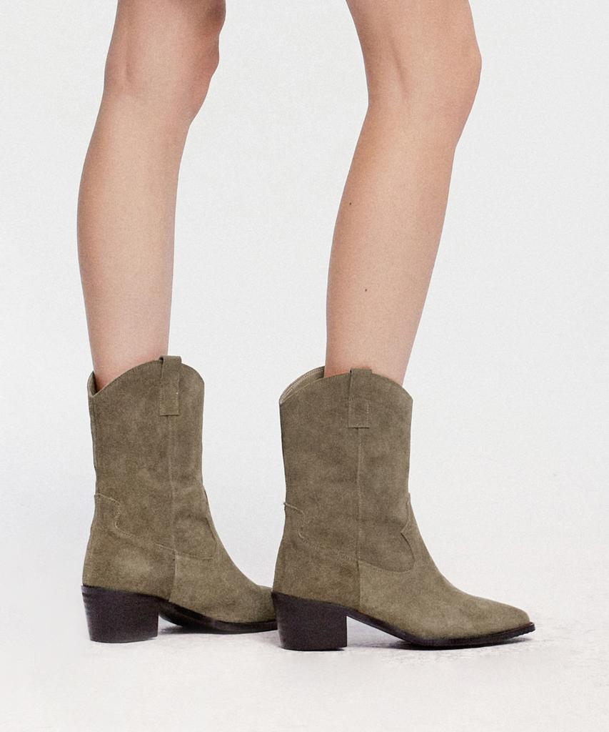 Komorebi Museum Km012M Cow Leather Western Suede Mid-Calf Boots Genuine Leather Ver. Beige Khaki
