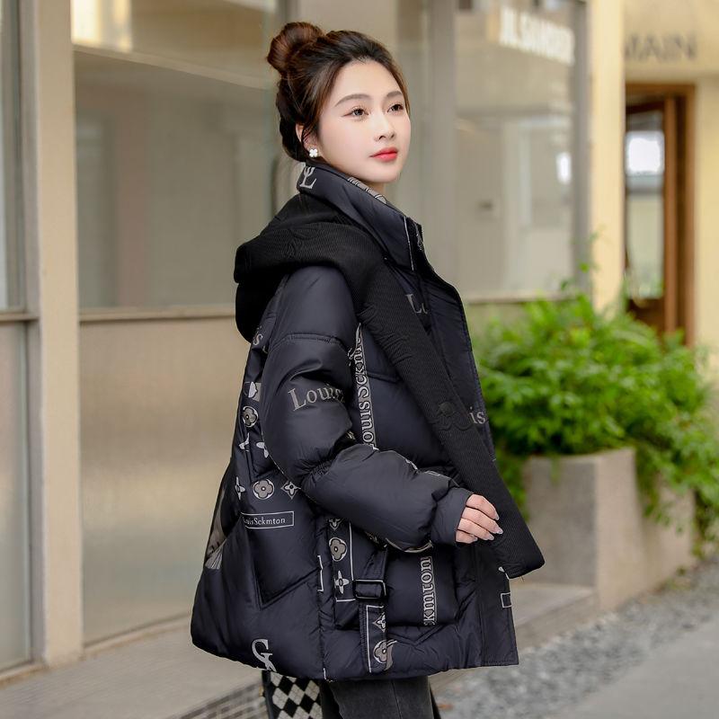 

Зимняя мода Хлопковая куртка с капюшоном Короткая с принтом Утепленное пальто с надписью L чёрный