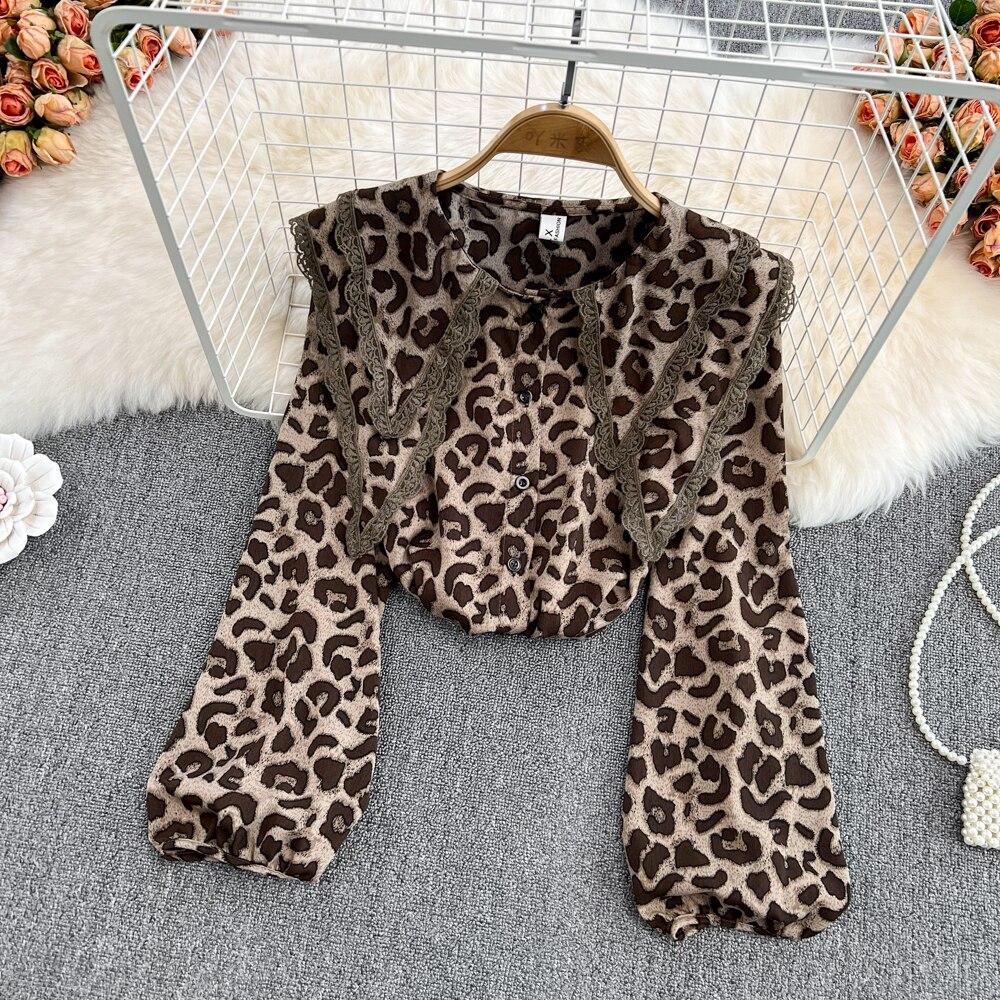 

Женская рубашка с леопардовым принтом и двойным кукольным воротником, новинка весны 2022, кардиган с длинными рукавами и большими лацканами, темпераментный топ