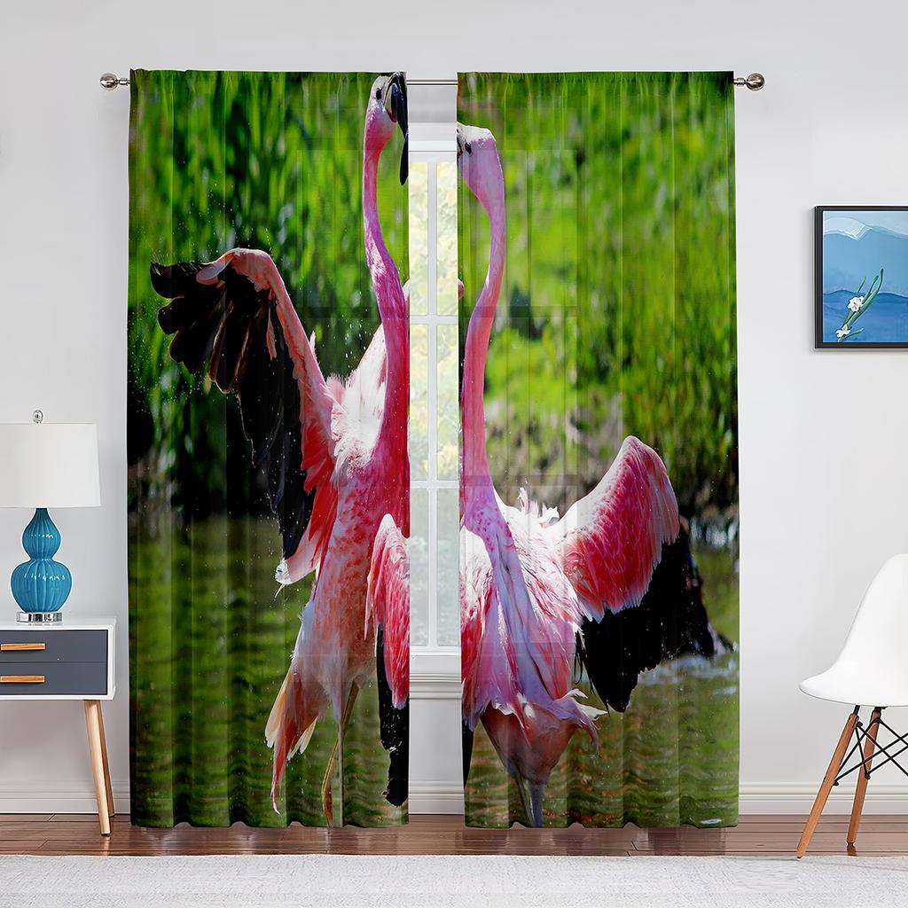 Flock Pink Flamingos In The Water Sheer Voile Curtains for Living Room Bedroom Kitchen Window Drapes Chiffon Tulle Curtain Decor