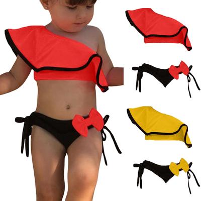 Girl's Ruffled Children's Swimsuit Slant Shoulder Candy Color Bow Cute Split Swimsuit