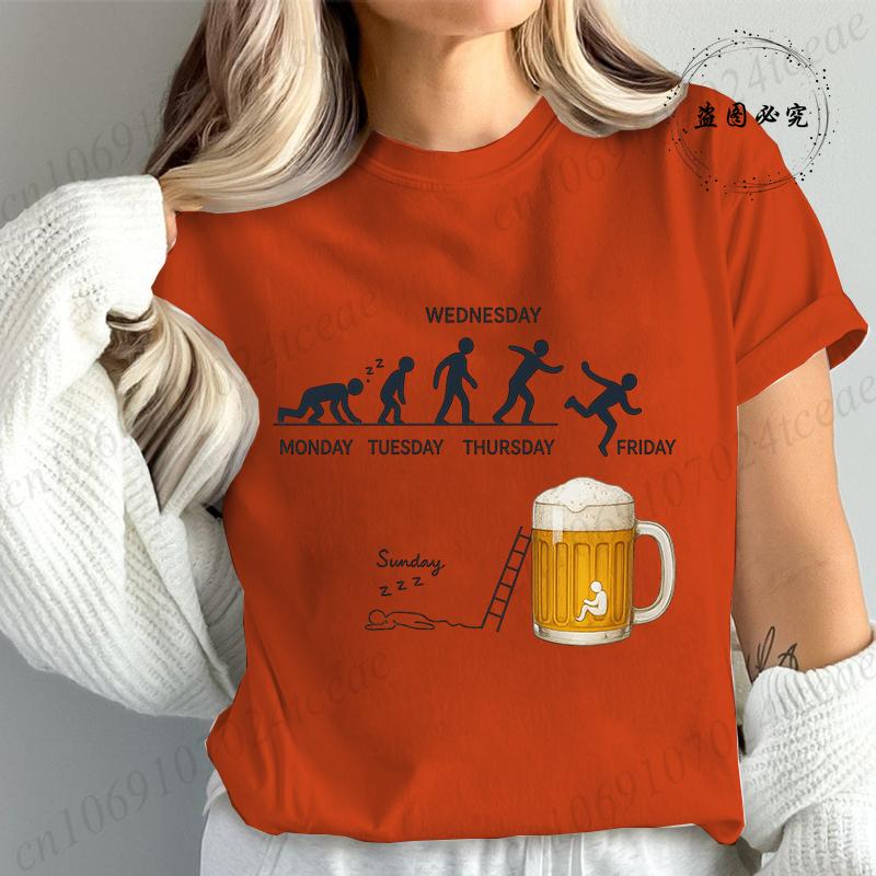 Funny Beer Evolution TShirt Workweek Drinking Humor Tee Print Tshirt Short Sleeve Casual Top for Summer Spring Women Clothing S