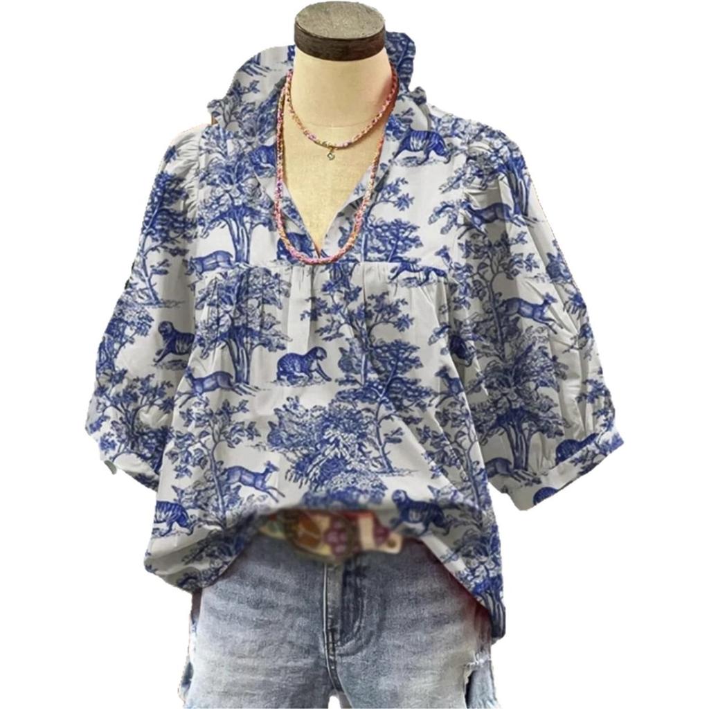 New European and American printed V-neck ruffle edge women's top