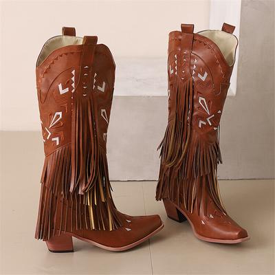 Mode Neue Herbst Winter Damenstiefel Mode Bestickte Western Denim Stiefel für Damen Klobiger Absatz Quasten Mid-Calf Stiefel Damenschuhe