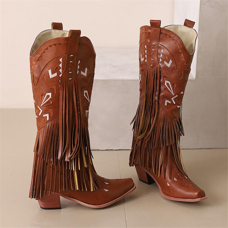 Fashion New Autumn Winter Women Boot Fashion Embroidered Western Denim Boots for Women Chunky Heel Tassels Mid-calf Boots Ladies Shoes