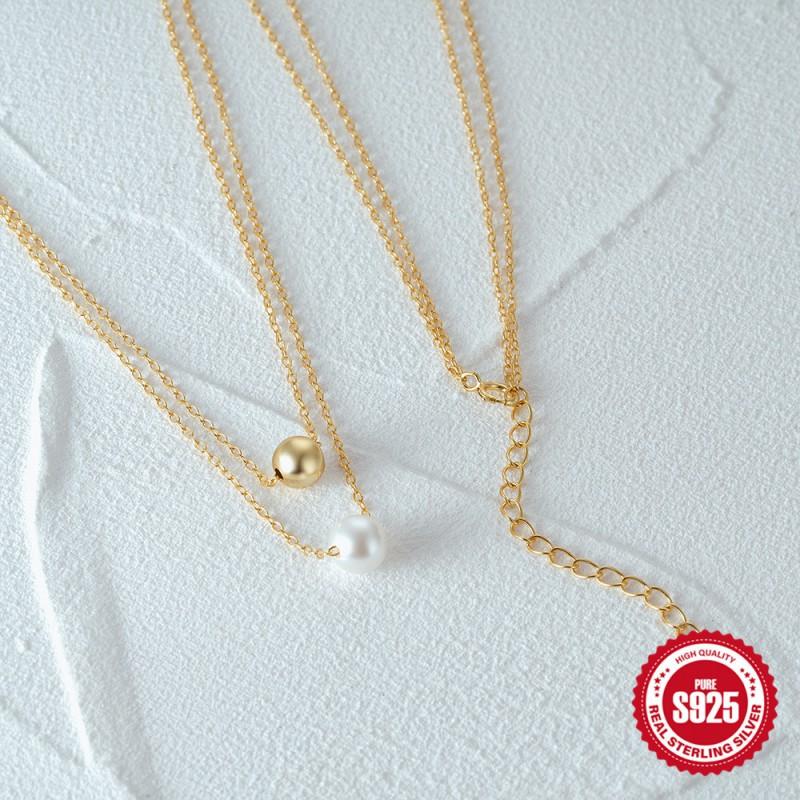 Adjustable 18K Gold Plated Sterling Layered Pearl Bead Pendant Necklace Women O-Link Chain Daily Fashion Jewelry