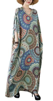 Vestido Feminino Mohokyo Maxi Longo de Verão Plus Retrô Floral Étnico Maxi Solto Elegante Tamanho Único V-Decote Tamanho Estampa Túnica Comprimento
