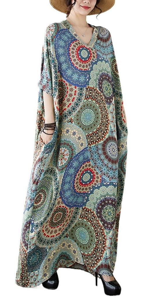 Summer Maxi Long Plus Retro Floral Ethnic Maxi Loose Elegant One Size Fits [Mohokyo] Women's Dress, Dress, V-Neck, Size, Print, Tunic, Length,